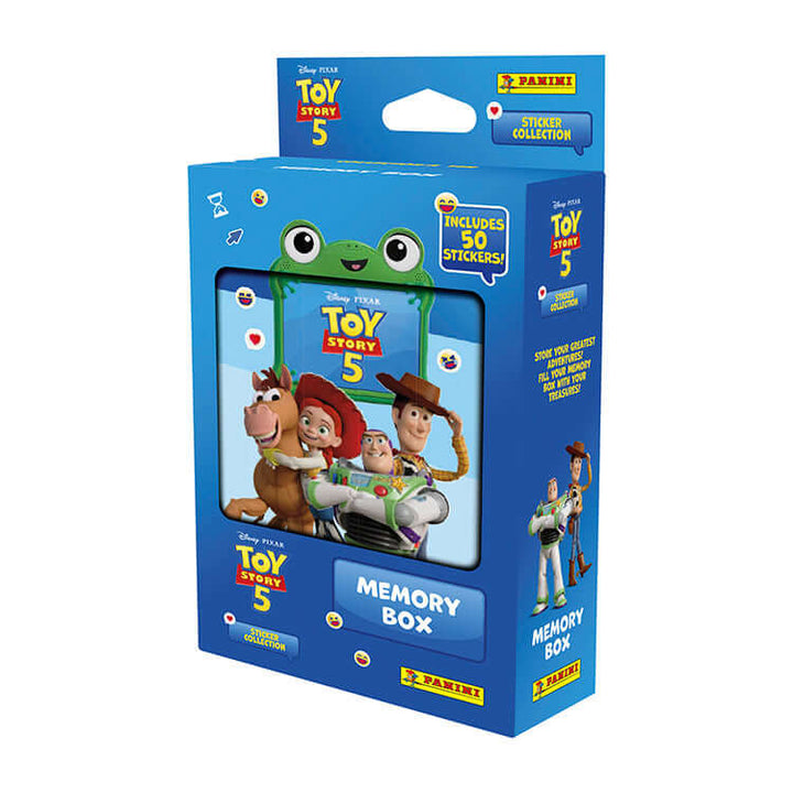 Toy Story 5 Sticker Collection memory box featuring characters Woody, Buzz, Jessie, and others with 50 stickers included.