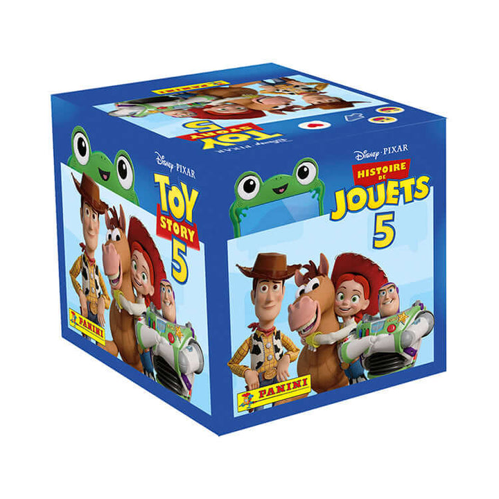 Toy Story 5 Sticker Collection box featuring Woody, Buzz, Jessie, and other characters from the movie, created by Panini.