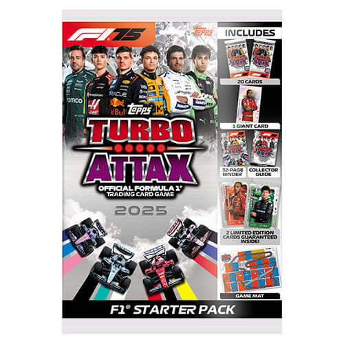Turbo Attax F1 2025 Starter Pack featuring cards, binder, and game mat for collectors.