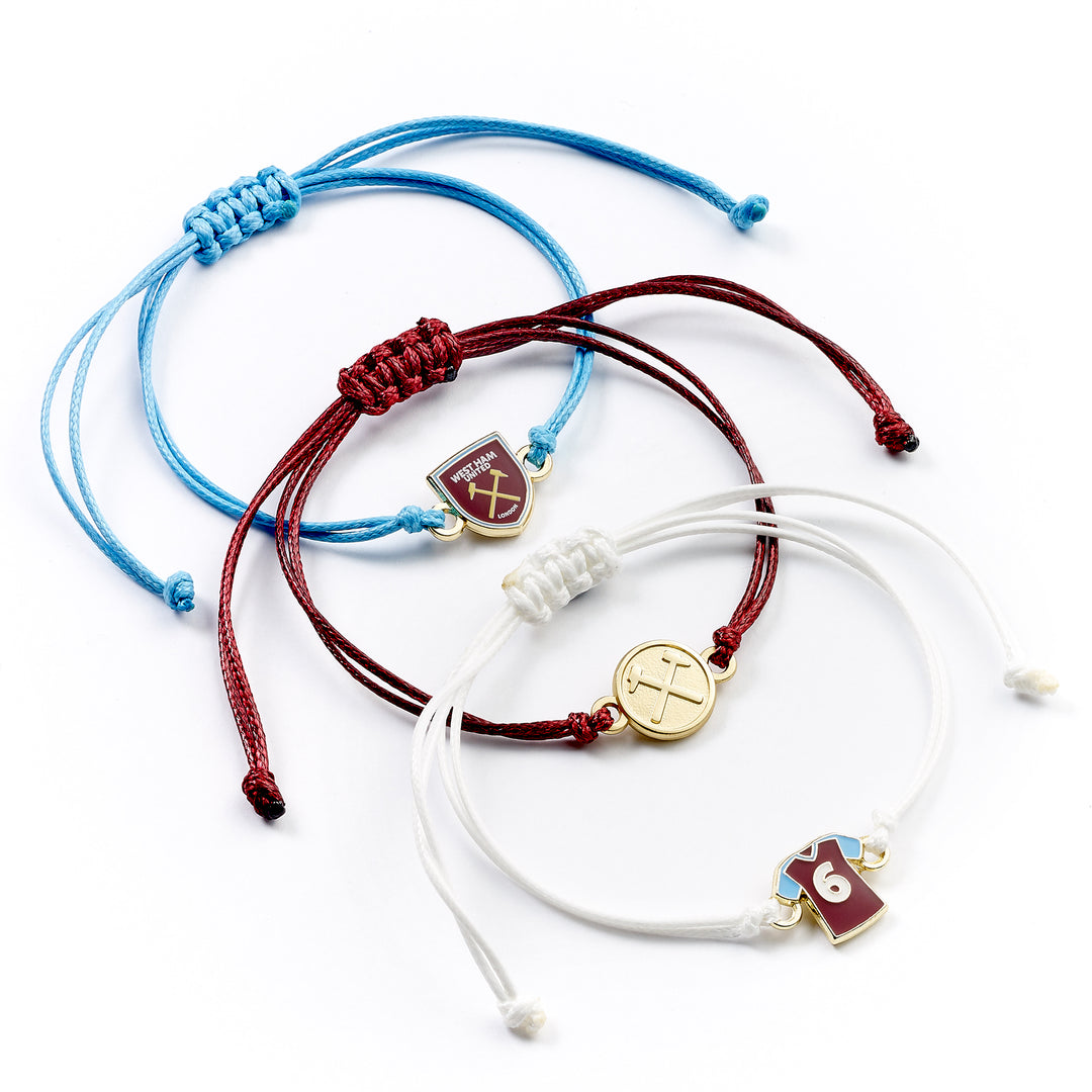 West Ham friendship bracelet set featuring adjustable cord bracelets with team emblems.