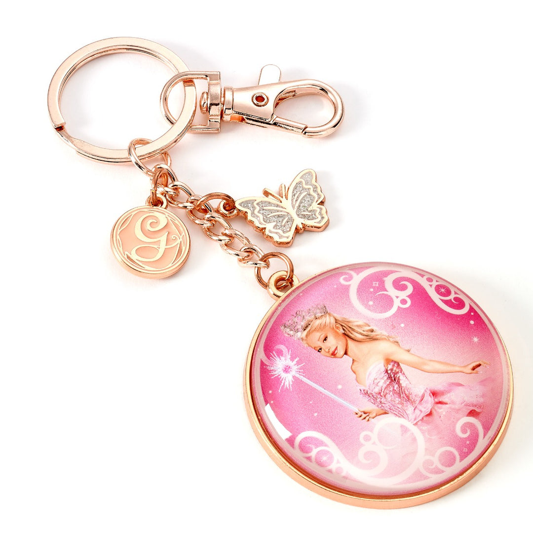 Wicked Glinda Bubble Keyring featuring Glinda in pink with rose gold tone and butterfly charm.