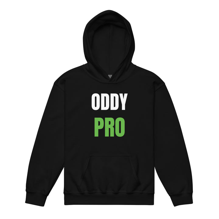 Oddy Pro youth heavy blend hoodie in black featuring bold white and green lettering.