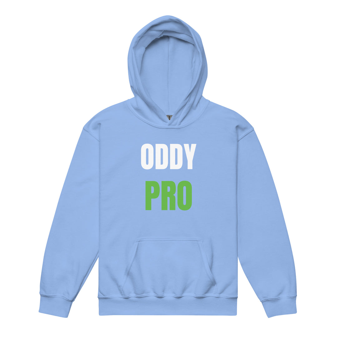 Oddy Pro youth heavy blend hoodie in light blue with white and green text, perfect for kids&