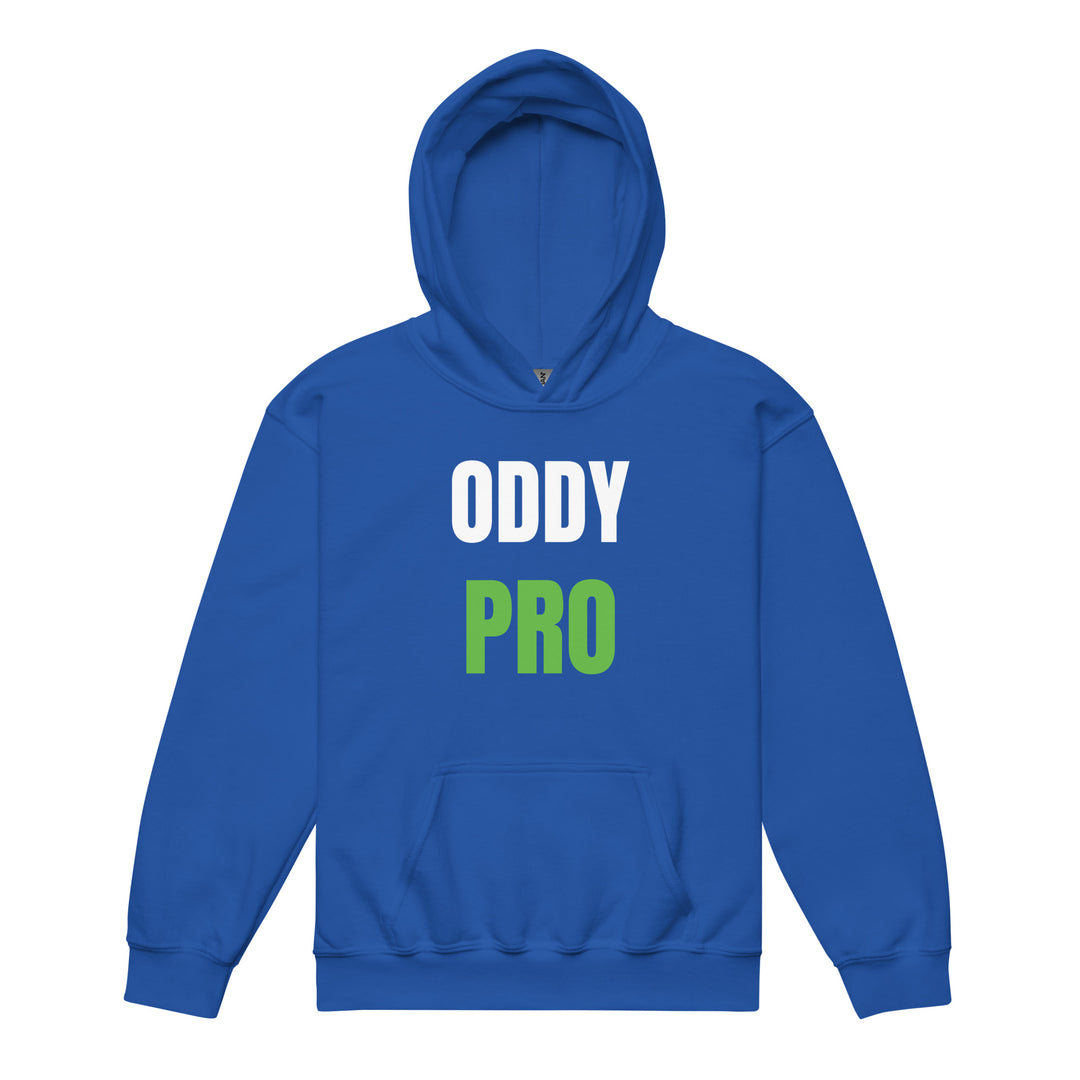 Oddy Pro youth heavy blend hoodie in blue color with bold white and green lettering.