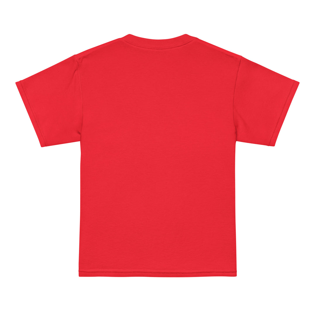 Back view of the XP Grinder Youth t-shirt in vibrant red color, showcasing its modern fit and quality fabric.