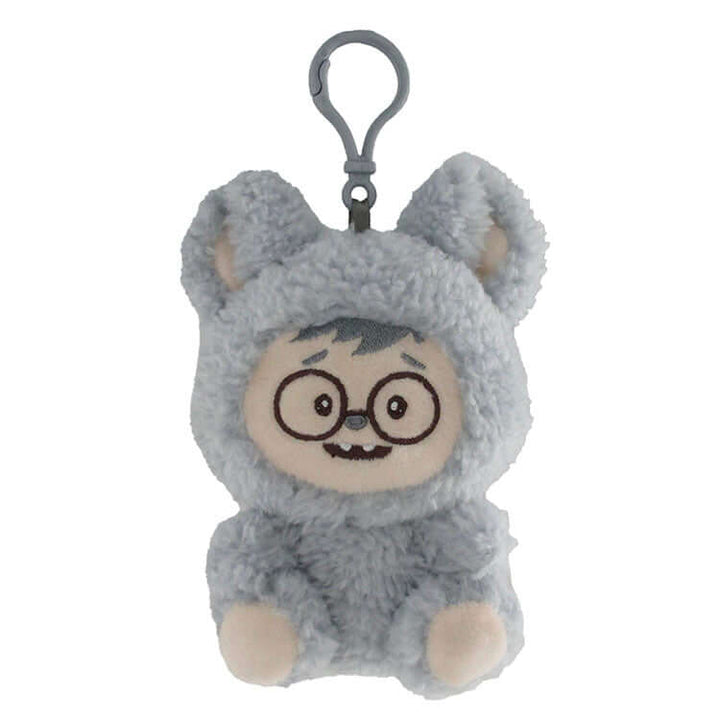 Zuzu &amp; Friendz collectible plush keychain blind box featuring a cute character in a gray sherpa outfit.